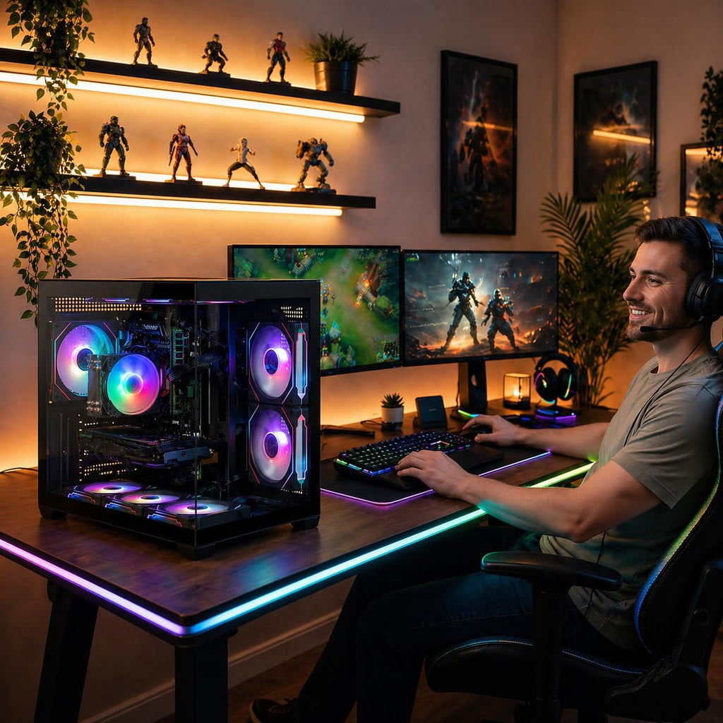 Gaming PC Computer Desktop – i7 Xeon E5 3.20GHz, Radeon RX580 8GB, 16GB RAM, 512GB SSD + 1TB HDD, WiFi 6 & Bluetooth 5.4, 9× ARGB Fans, Windows 11Pro, High-Performance Gaming Tower