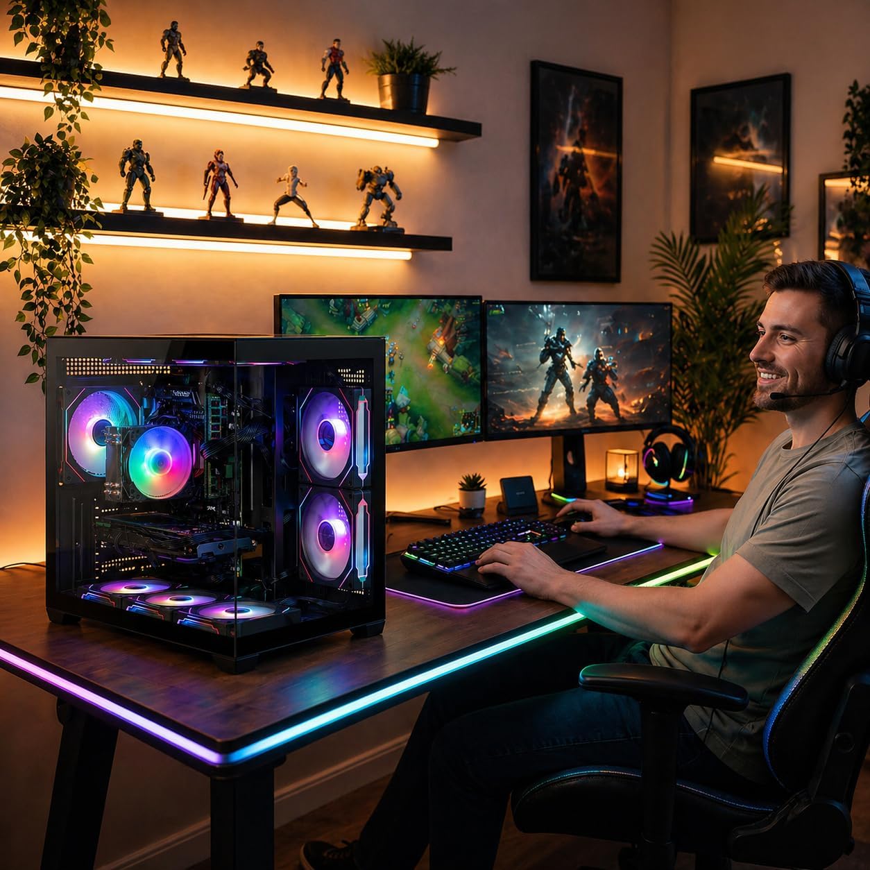 Gaming PC Computer Desktop – i7 Xeon E5 3.20GHz, Radeon RX580 8GB, 16GB RAM, 512GB SSD + 1TB HDD, WiFi 6 & Bluetooth 5.4, 9× ARGB Fans, Windows 11Pro, High-Performance Gaming Tower