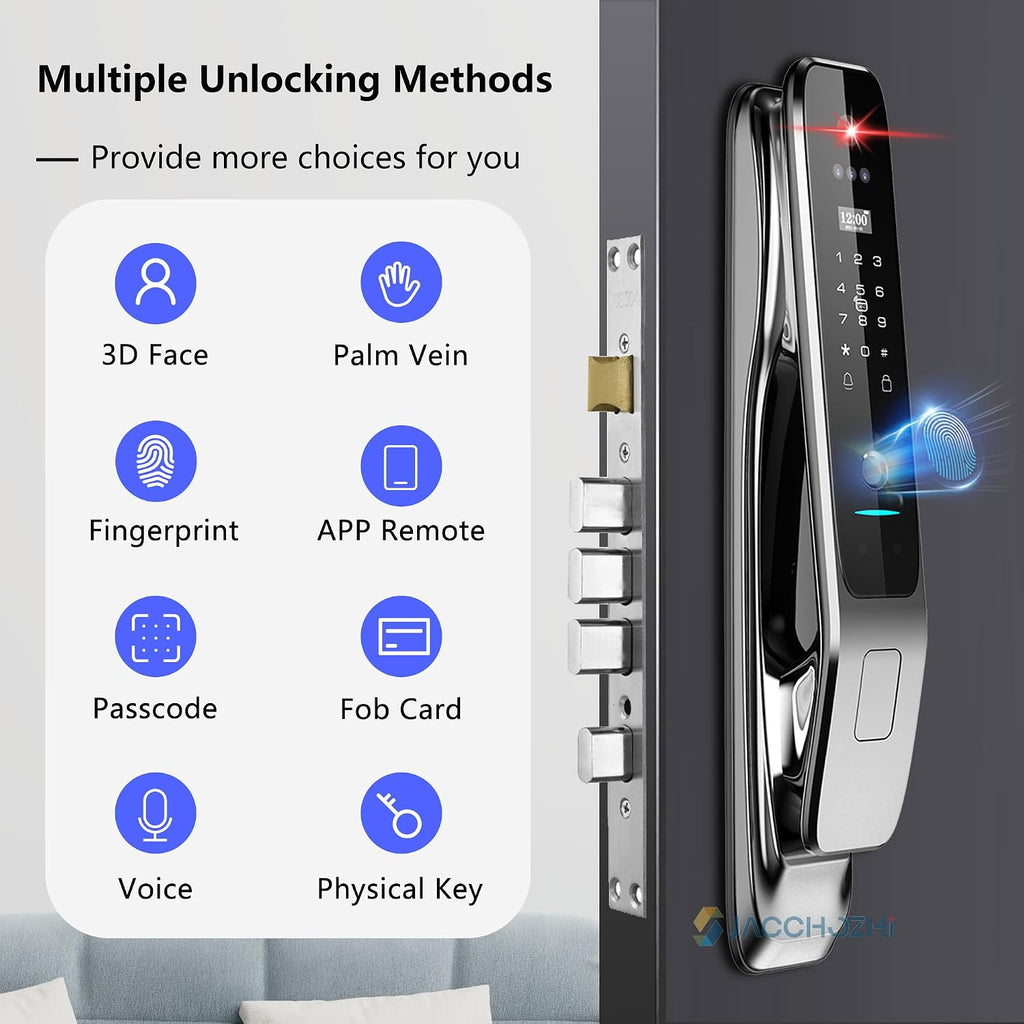 3D Face Recognition Smart Lock with Camera, Palm Vein Door Lock, Keyless Entry Fingerprint Smart Mortise Lock for Front Door, Built-in WiFi, 4' HD Screen,Glass Keypad, Auto-Lock, Waterproof