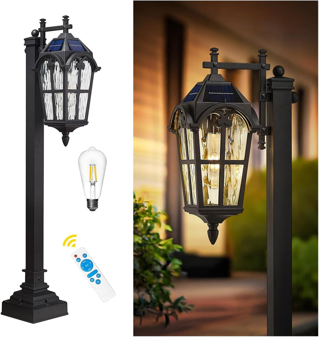 Emliviar Solar Pathway Light Outdoor, Garden Landscape Lighting Waterproof, 2700K LED Post Lamp with Remote Control, Black Pole Lantern with Water Ripple Glass, XE307PL-SL BK