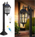 Emliviar Solar Pathway Light Outdoor, Garden Landscape Lighting Waterproof, 2700K LED Post Lamp with Remote Control, Black Pole Lantern with Water Ripple Glass, XE307PL-SL BK
