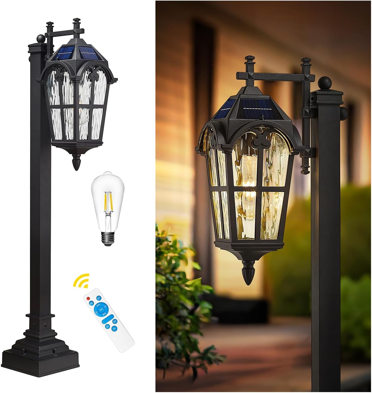 Emliviar Solar Pathway Light Outdoor, Garden Landscape Lighting Waterproof, 2700K LED Post Lamp with Remote Control, Black Pole Lantern with Water Ripple Glass, XE307PL-SL BK