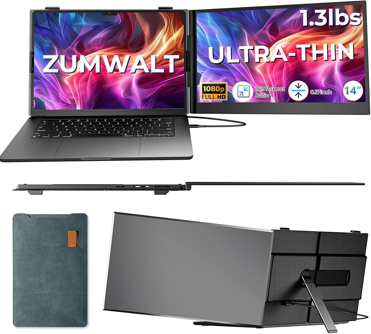 ZUMWALT Laptop Screen Extender, 14' FHD 1080P Dual Portable Monitor for Laptop, Ultra-Thin Travel Monitor Extender Fit 13'-17.3', Plug and Play Compatible with Windows/Mac/Android/Chrome/Switch