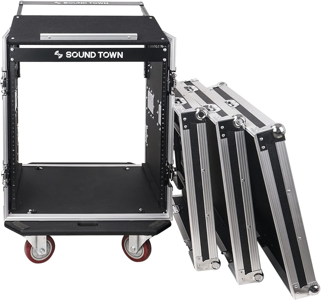 Sound Town High-Quality 1/2' (12mm) 12U PA DJ Pro Audio Rack/Road ATA Case with 11U Slant Mixer Top, Locking Drawer, Side Table, 20.2'' Rackable Depth and Casters (STMR-12TD2)