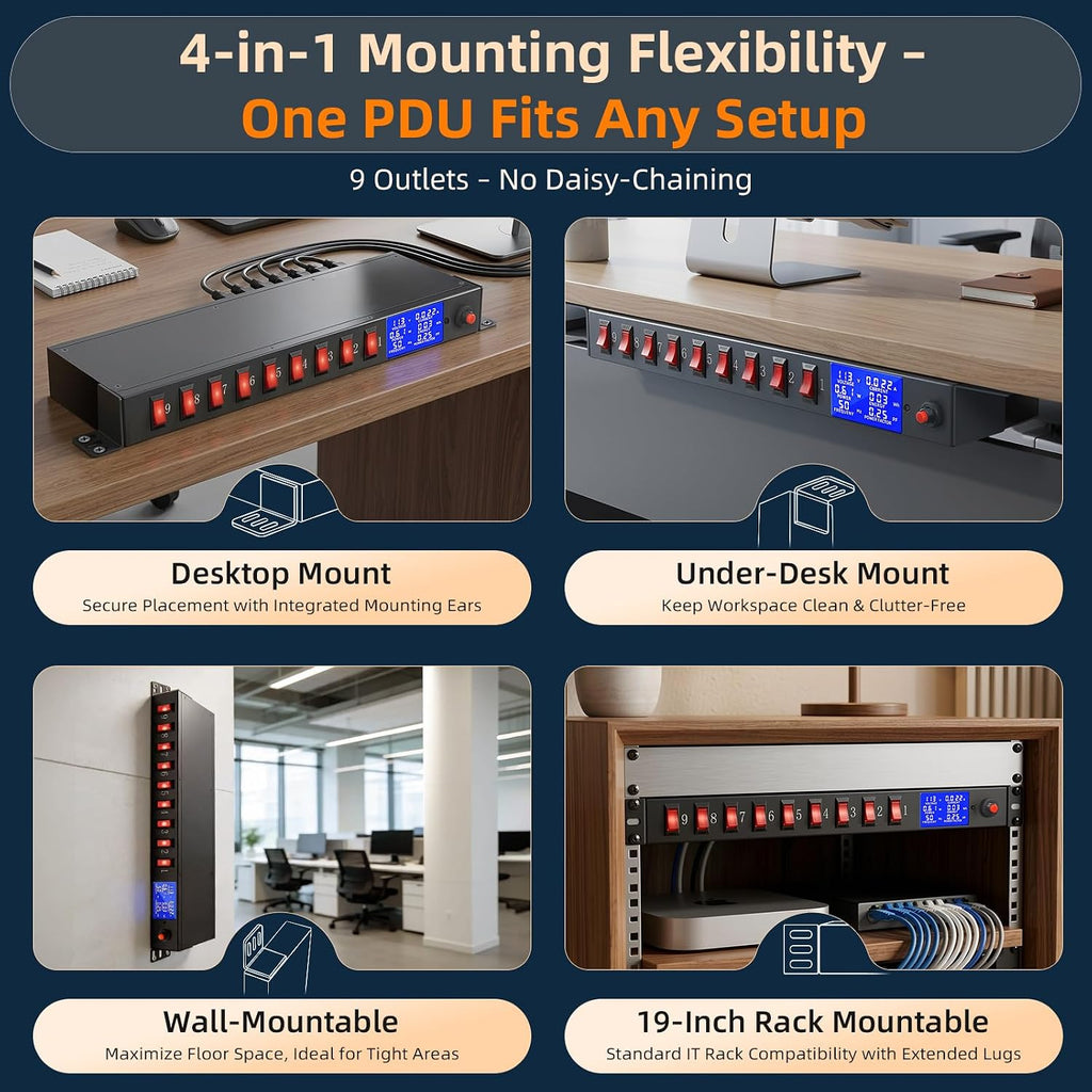 9 Outlet Rack Mount Power Strip with Individual Switches, PDU Surge Protector 15A 125V 1875W, 1U Server Rack Power Distribution Unit with Overload Protection and Power Monitoring, 6.5FT Cord
