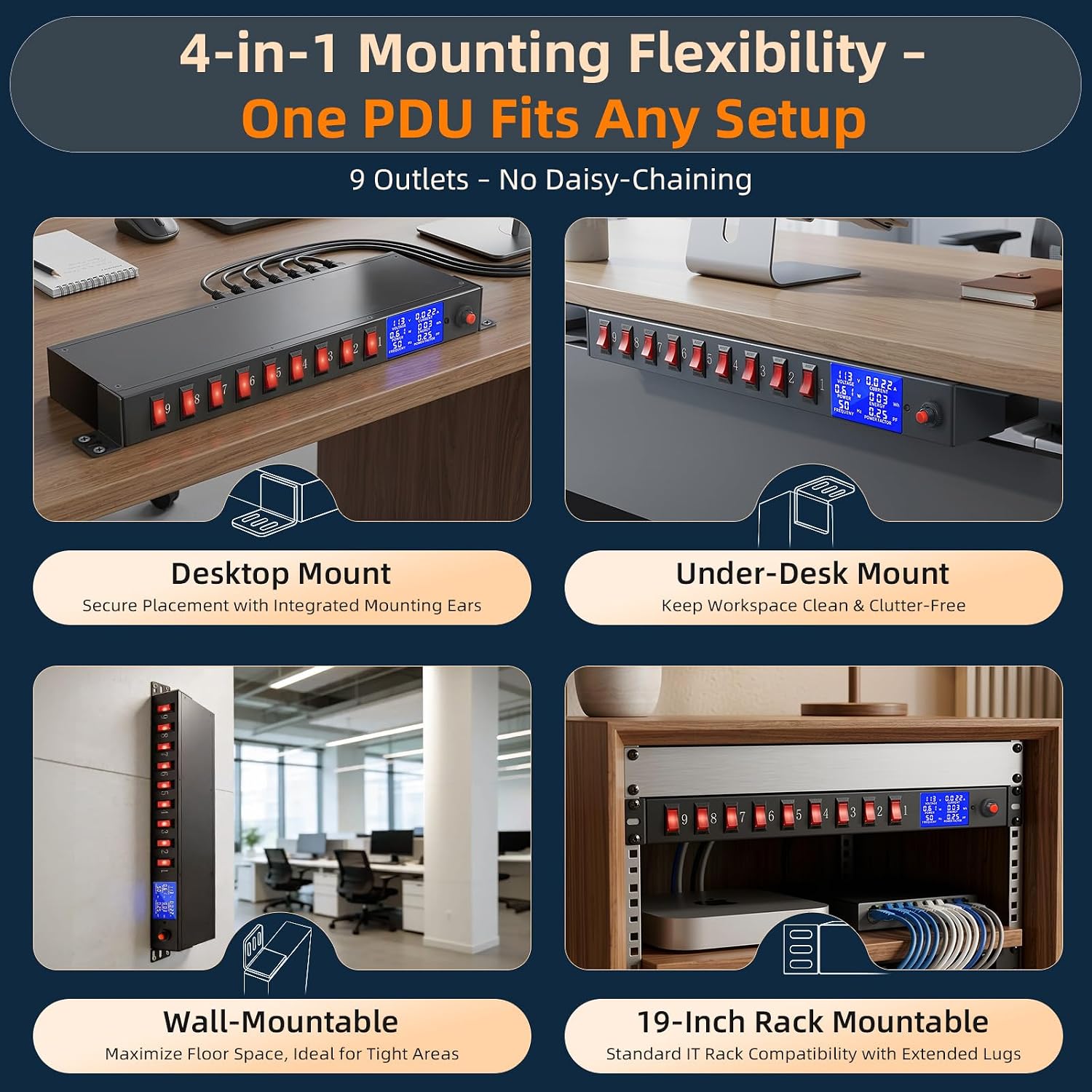 9 Outlet Rack Mount Power Strip with Individual Switches, PDU Surge Protector 15A 125V 1875W, 1U Server Rack Power Distribution Unit with Overload Protection and Power Monitoring, 6.5FT Cord