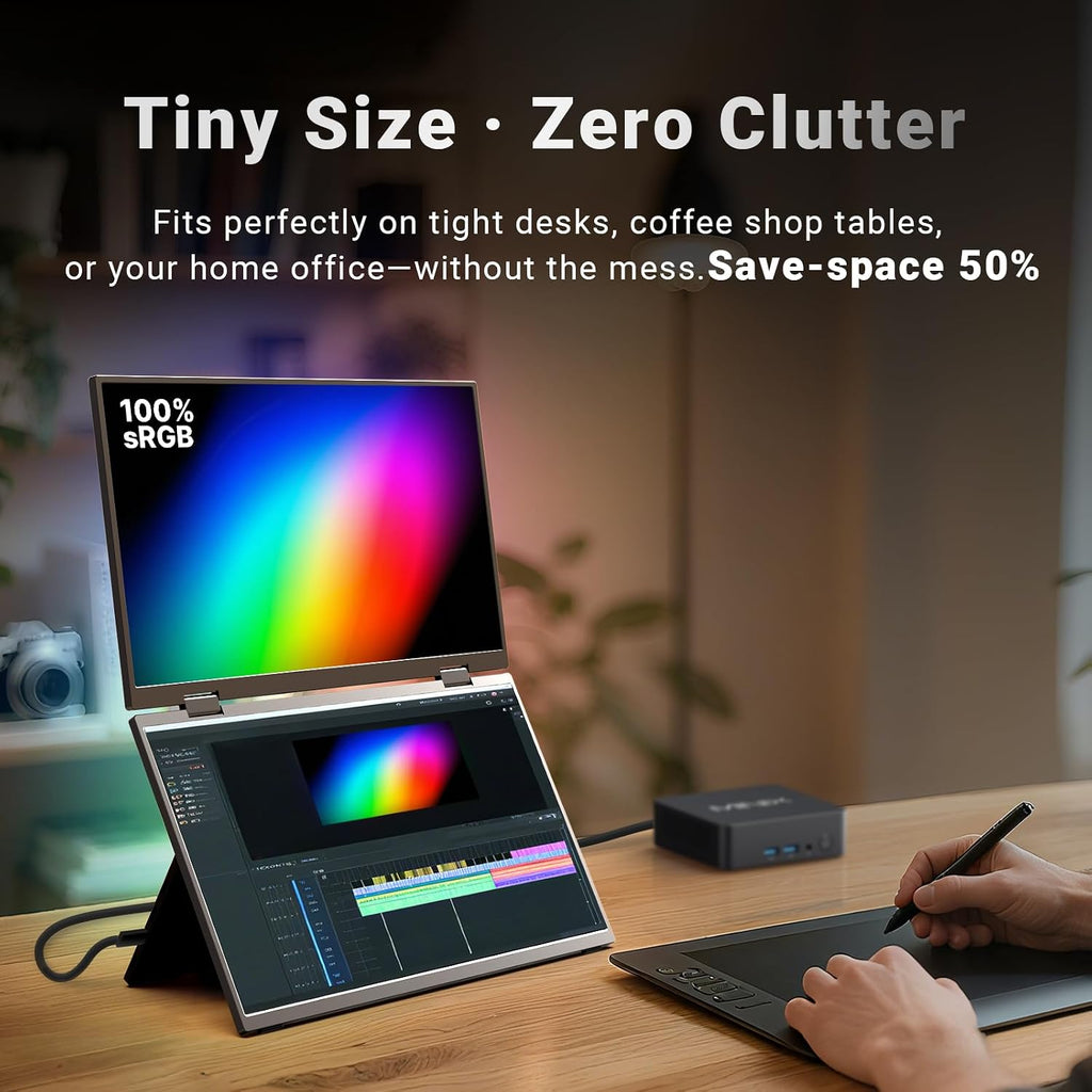MINIX SF15 FOLD Dual 15.6' Foldable Portable Monitor, 1080P FHD, 300 nits, 100W PD, Low Blue Light, Recyclable Metal, Type-C & HDMI for Laptops, Study, Creative Projects, Office Collaboration