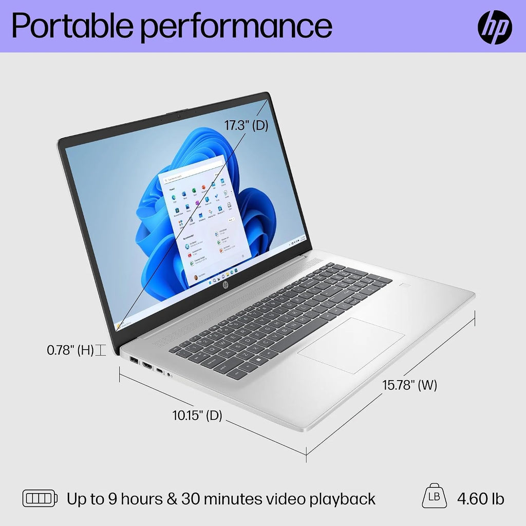 HP 17 Laptop with Free Microsoft Office 365 for Web, Intel Ultra Fast 8-Core CPU, 32GB RAM, 1TB SSD, Full HD Display, HDMI, USB-C, Wi-Fi, Bluetooth, Fingerprint Reader, Silver