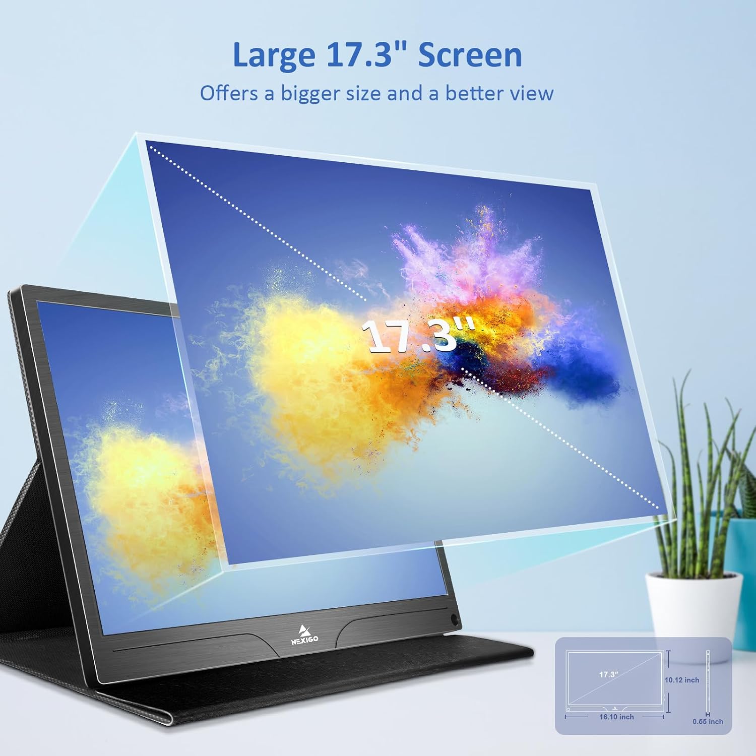 NexiGo 4K Portable Monitor 17.3 Inch, 400 Nits, FreeSync, 100% Adobe RGB, HDR IPS Display, Dual Speakers Eye Care Screen with OTG Expansion, for Laptop PC/MAC/Console/PS5, VESA & Smart Cover