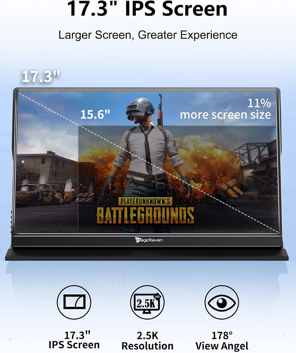 MAGICRAVEN 2.5K Portable Monitor, 17.3' QHD IPS Laptop Screen, VESA USB C HDMI Second Computer Gaming Display with 2 Speakers, Travel Monitor for MacBook Phone PS4/5 PC Phone Xbox Switch