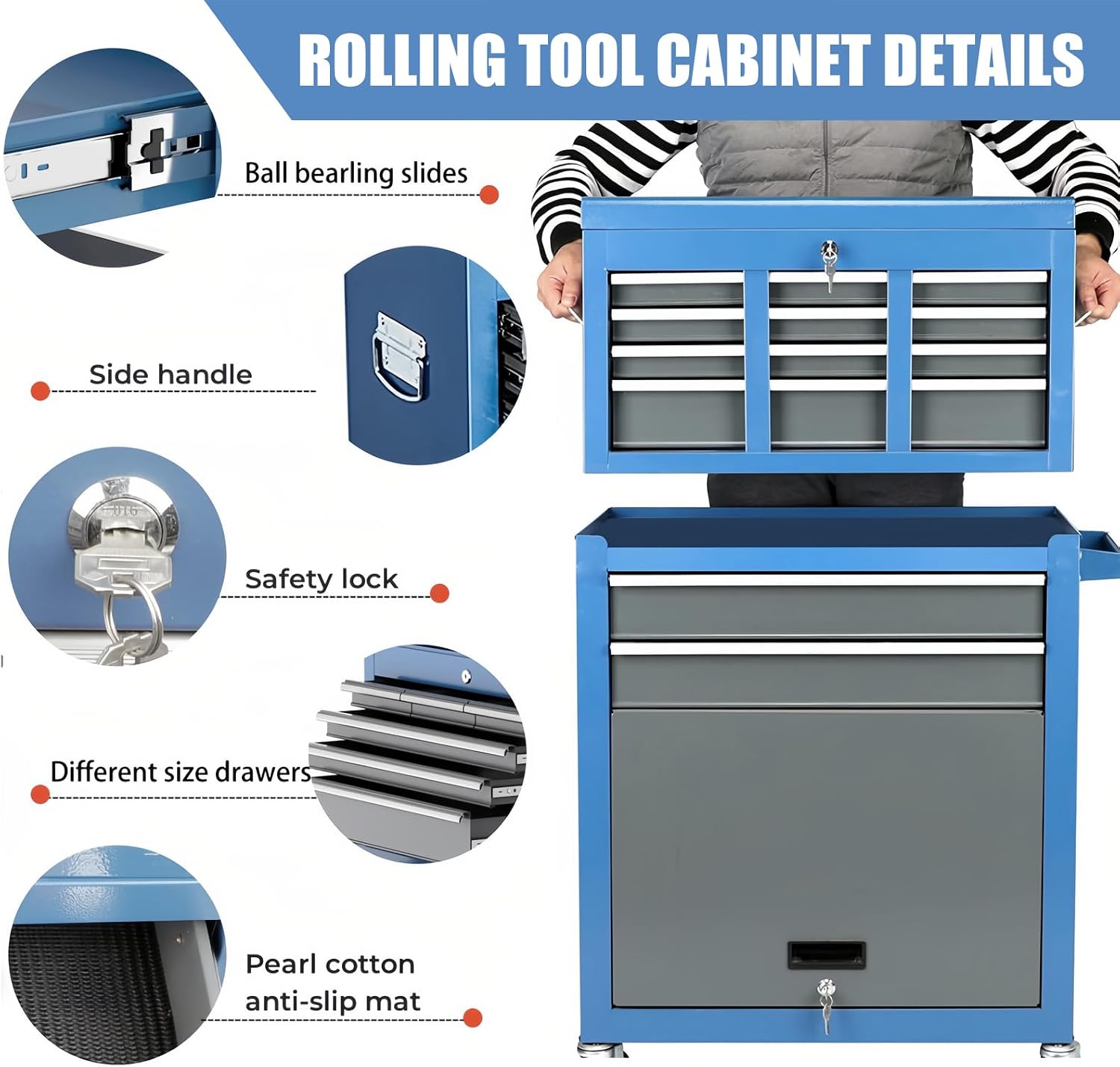 Rolling Tool Chest,8-Drawer Tool Chest with Wheels, Removable Toolbox Organizer,Detachable Large Tool Storage Cabinet with Lock & 10 Hooks & 8 Drawer Organizers,Suit for Garage,Warehous