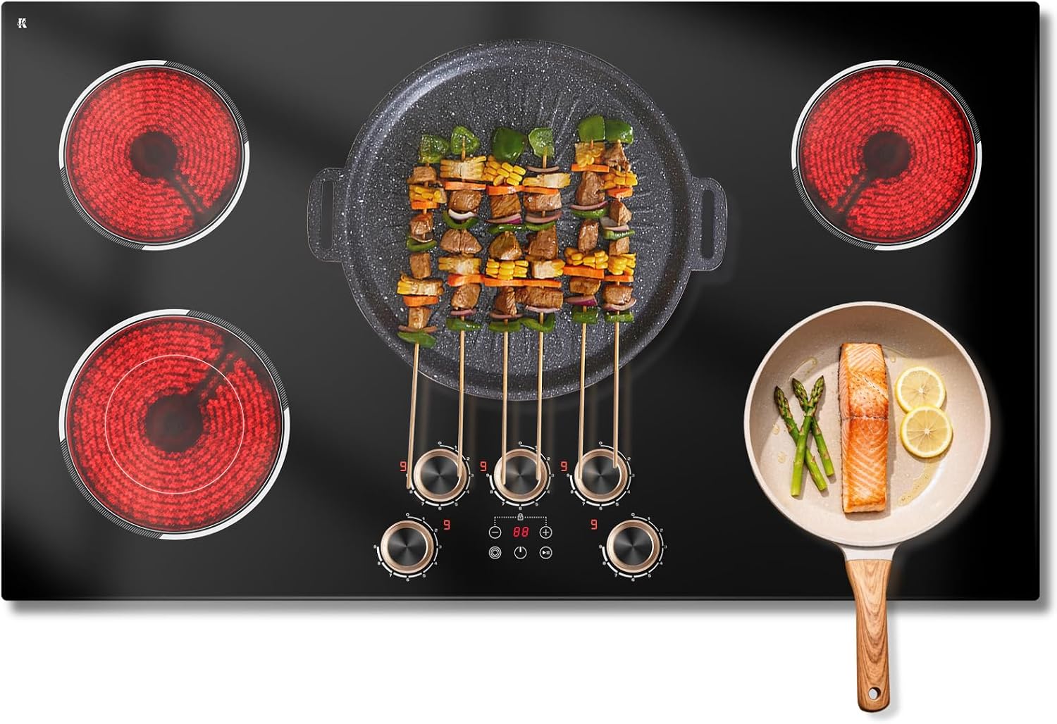 36 Inch Electric Cooktop 220V, 9200W Powerful 5 Burner Electric Stove Top, Built-in Ceramic Cooktop 36' with Dual/Triple Ring Burner, Knob & Touch Control, Safety Lock, 220-240V Hard Wire