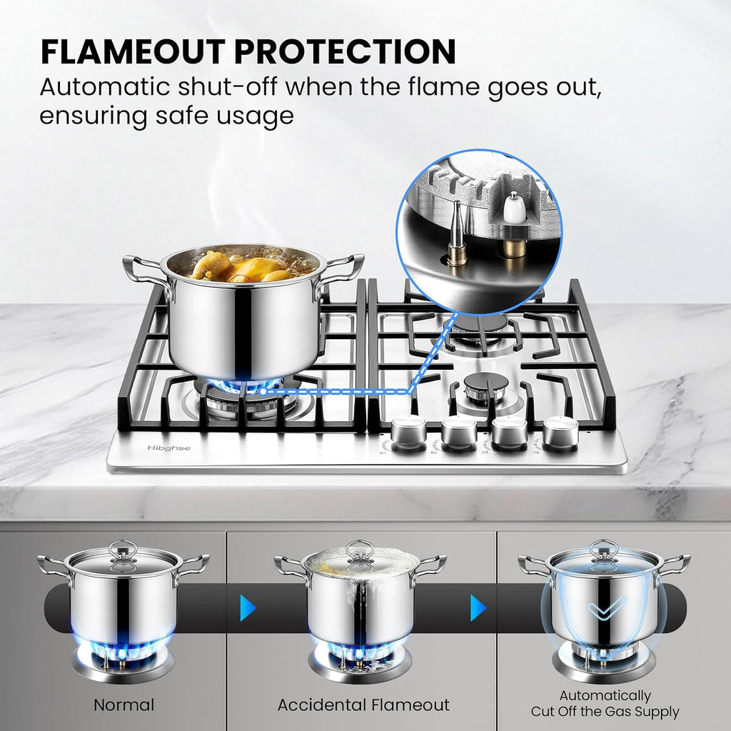 24 Inch Built-in Gas Cooktop with 4 Burner, Stainless Steel Gas Stove Top NG/LPG Convertible Propane Cooktops, Flame Out Protection