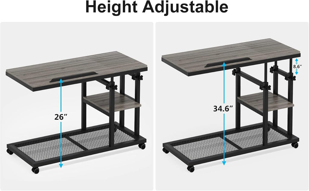 Tribesigns Height Adjustable C Table with Wheels, Mobile Couch Snack Side Table with Tiltable Drawing Board, Sofa Bedside Laptop Stand C Shaped TV Tray with Storage Shelves (Grey)