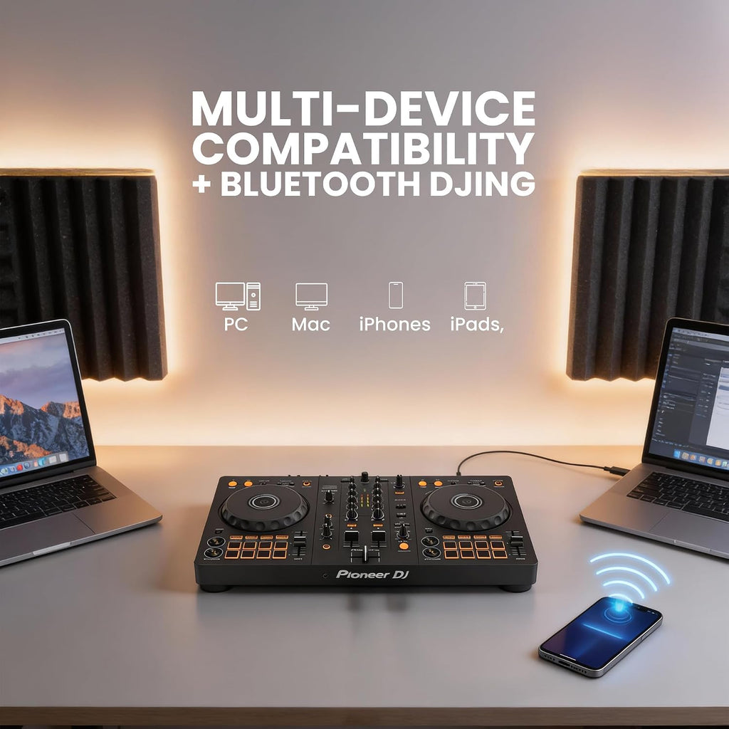Pioneer DJ DDJ-FLX4 2-Channel DJ Controller - Black Bundle with Laptop Stand, Headphones, and Austin Bazaar Polishing Cloth