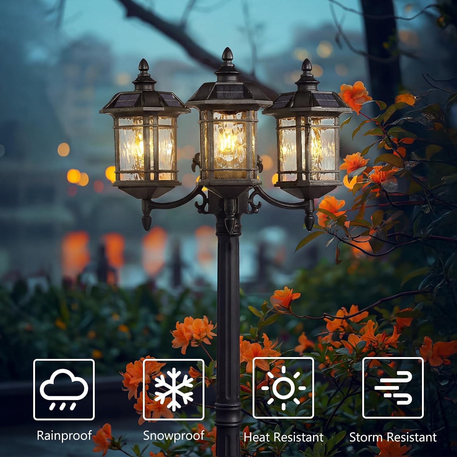 Emliviar 3-Head Outdoor Street Lights Solar Powered, Aluminum Post Lamp 100.4' Dusk to Dawn, Black Solar Column Lighting with Water Ripple Glass, 2084PL-3 SL BK-SW
