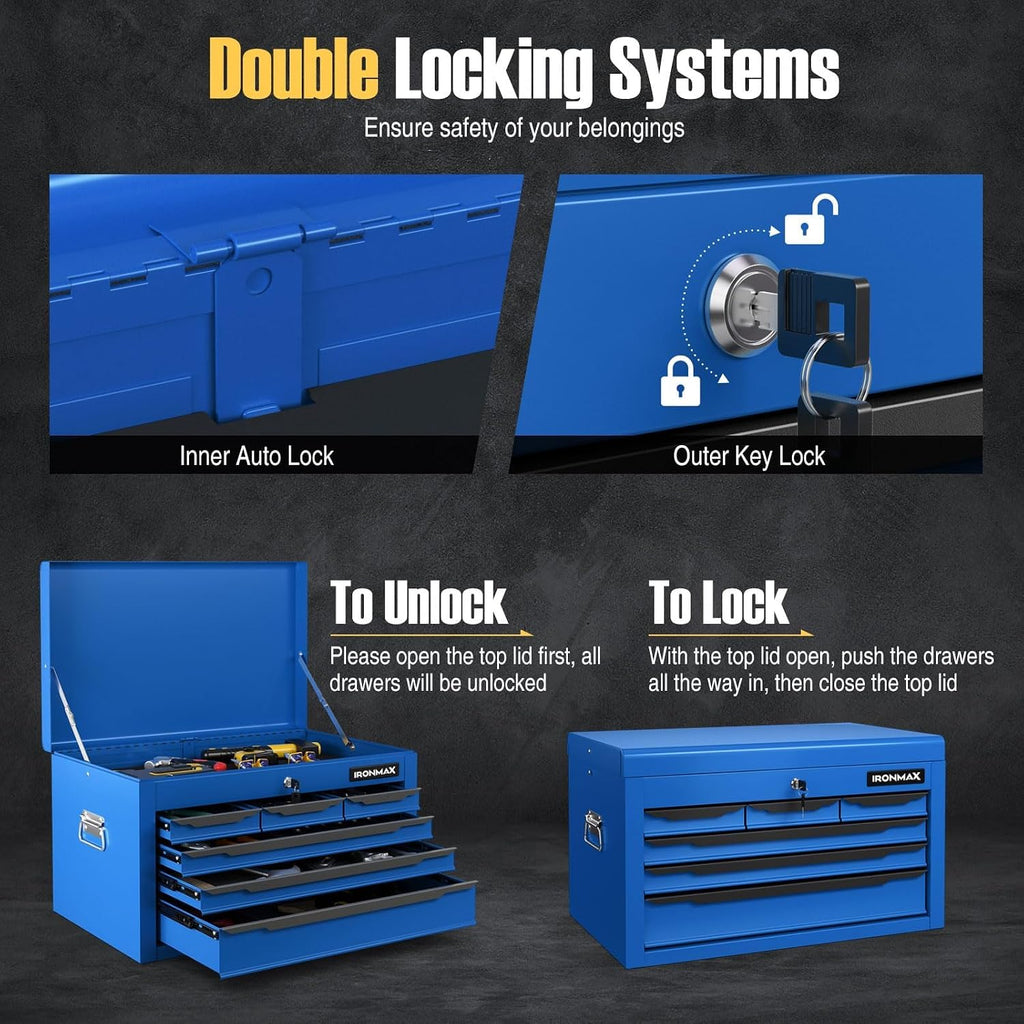 ERGOMASTER Steel Tool Box, 24'' Metal Tool Box with 6 Drawers, Lockable Heavy Duty Tool Chest Cabinet Storage Toolbox for Garage, Workshop, Repair Shop (Blue-6 Drawers)