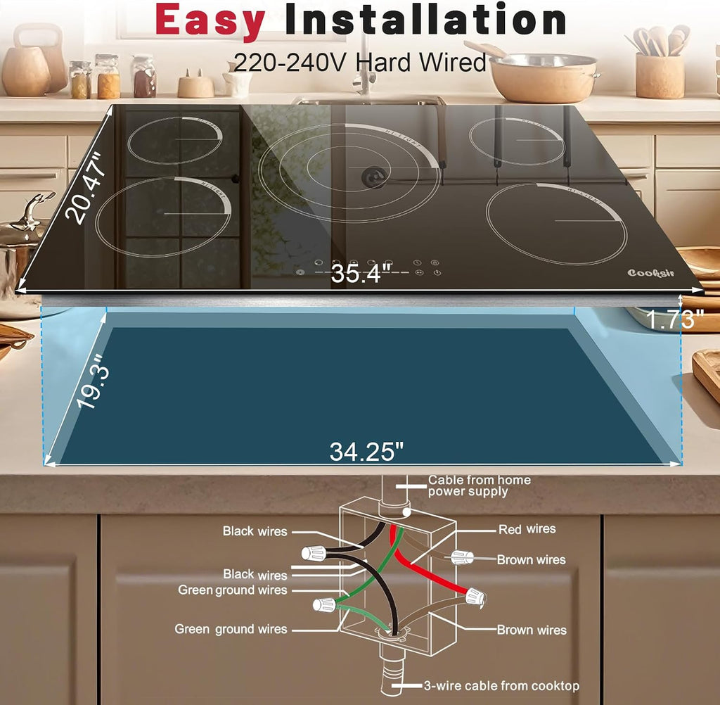 36 Inch Electric Cooktop - Built-in(34.25'x19.3') 36 Inch Electrical Stove 240V, 9200W Five Burner Ceramic Cooktop, Slide-Touch Control, Timer, Safety Lock, Electric Stovetop, 220V Hard Wired