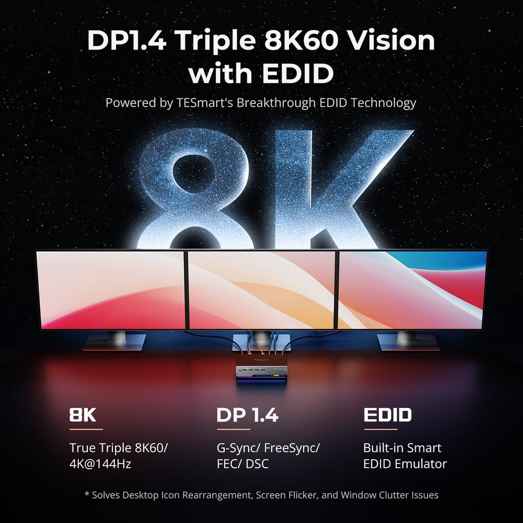 TESmart 8K@60Hz DP KVM Switch 3 Monitors 2 Computers USB 3.0, KVM Switch Triple Monitor 2 Computers DisplayPort 1.4, Support EDID, 1G Ethernet, Hotkey Switch, 4K@144Hz 2K@144Hz for Gaming&Home Office