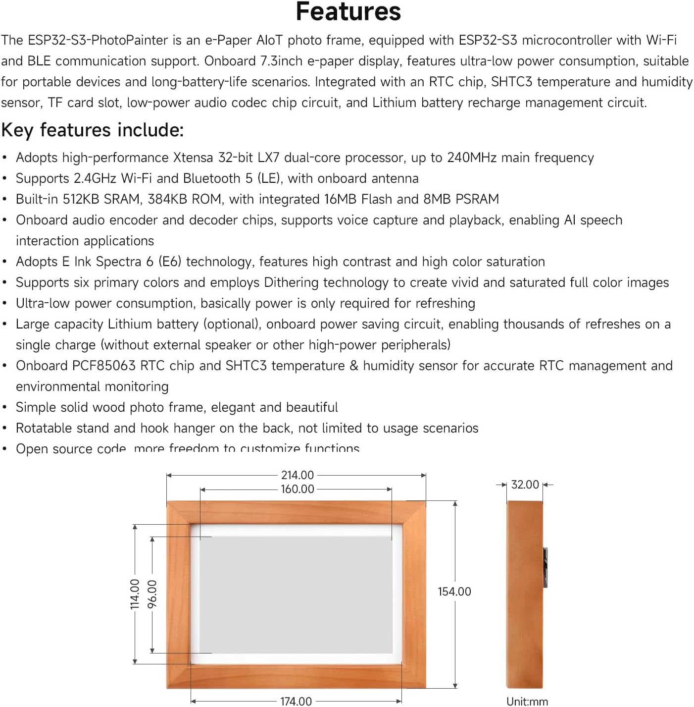 Waveshare ESP32-S3-PhotoPainter 7.3inch E6 Full Color E-Paper Display with Solid Wood Photo Frame, Ultra-Long Standby, 800 × 480 Resolution, No BAT