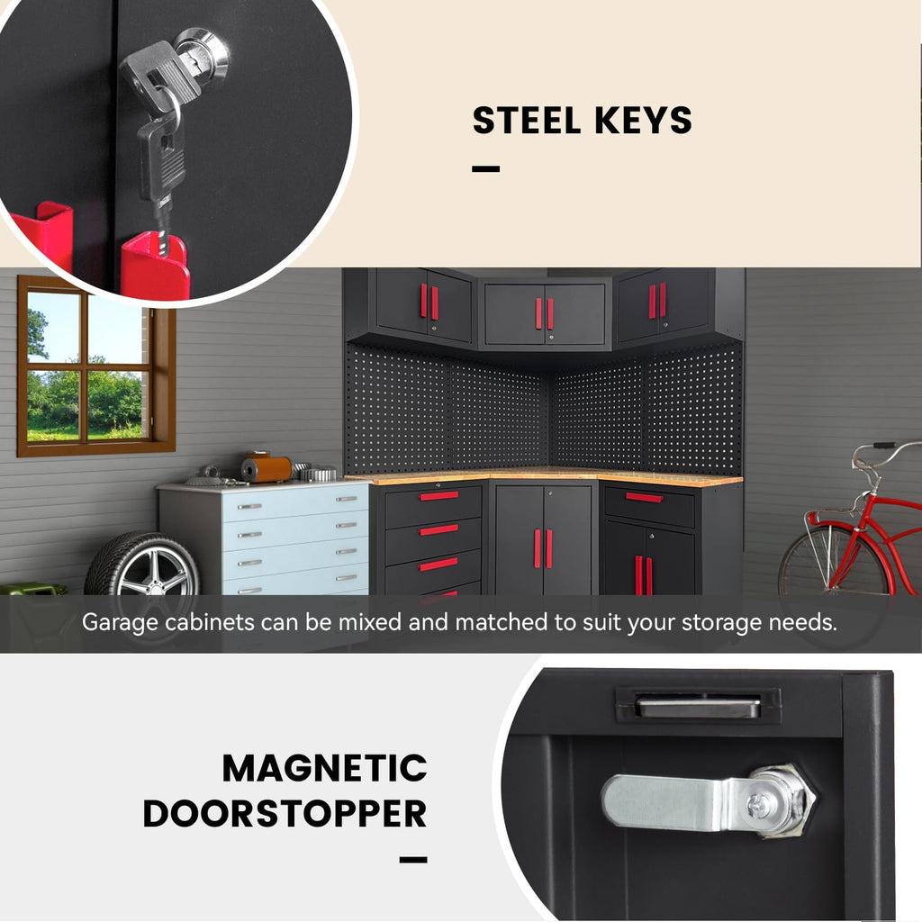 Corner Workshop Set - 10-Pcs Garage Cabinets and Storage System with Corner Cabinet, Cabinet Drawers, Workbench, Pegboard for Tool Organization Workshop, Red and Black