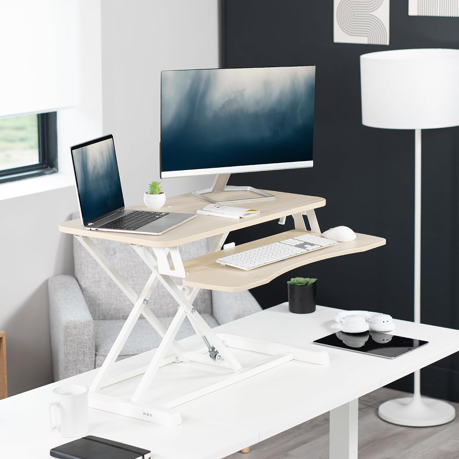 VIVO 32 inch Desk Converter, K Series, Height Adjustable Sit to Stand Riser, Dual Monitor and Laptop Workstation with Wide Keyboard Tray, Light Wood Top, White Frame, DESK-V000KF