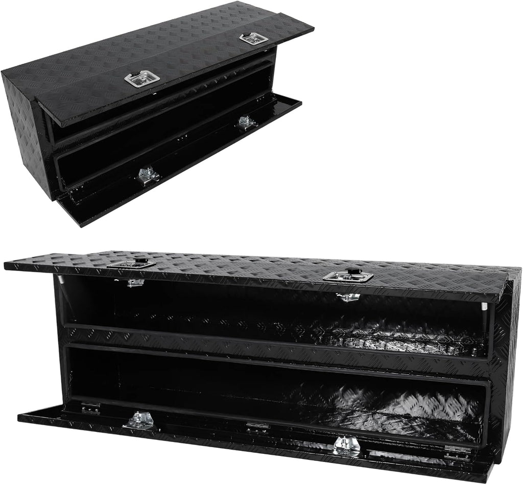 Aluminum Truck Tool Box w/Two Door,5 Bar Tread Truck Storage box w/Lock For Organization,Multifunction Black 60'x21'x15' Truck Toolboxes, For Truck,Trailer,RVs,Toolroom,Garage.