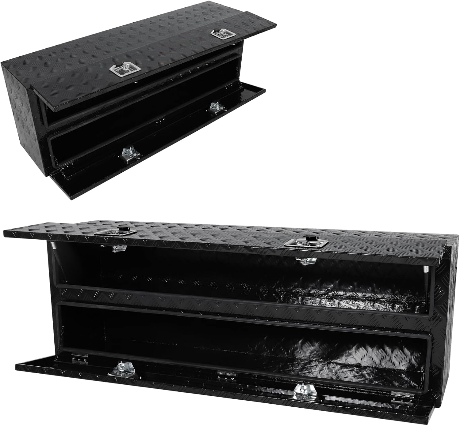 Aluminum Truck Tool Box w/Two Door,5 Bar Tread Truck Storage box w/Lock For Organization,Multifunction Black 60'x21'x15' Truck Toolboxes, For Truck,Trailer,RVs,Toolroom,Garage.