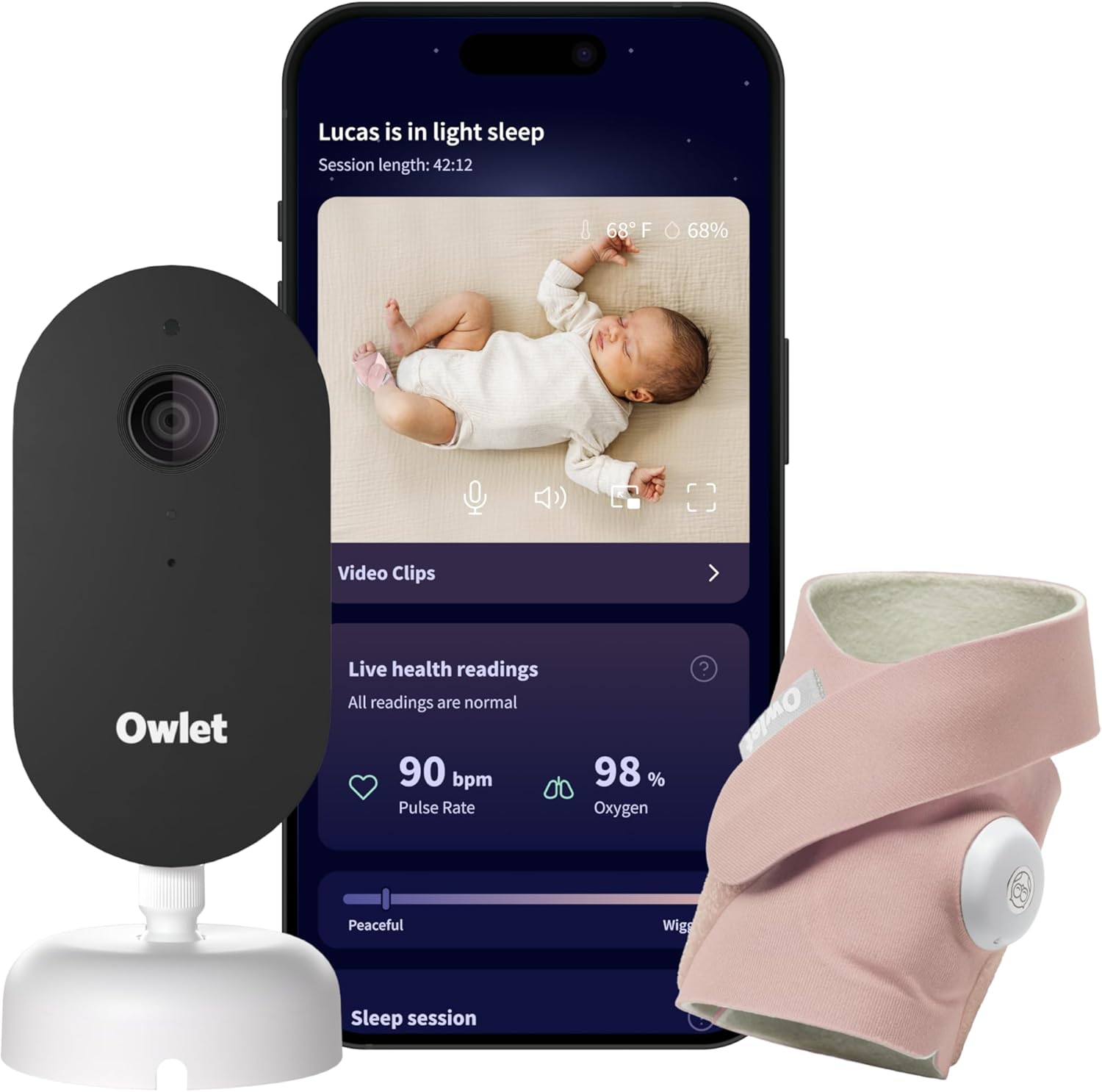 Owlet Dream Duo (Gen 3) Smart Baby Monitor All-in-One Bundle - 2K HD Video Baby Monitor with Alerts & Owlet Dream Sock Tracks Baby's Oxygen, Heart Rate & Sleep | Health Insights via App