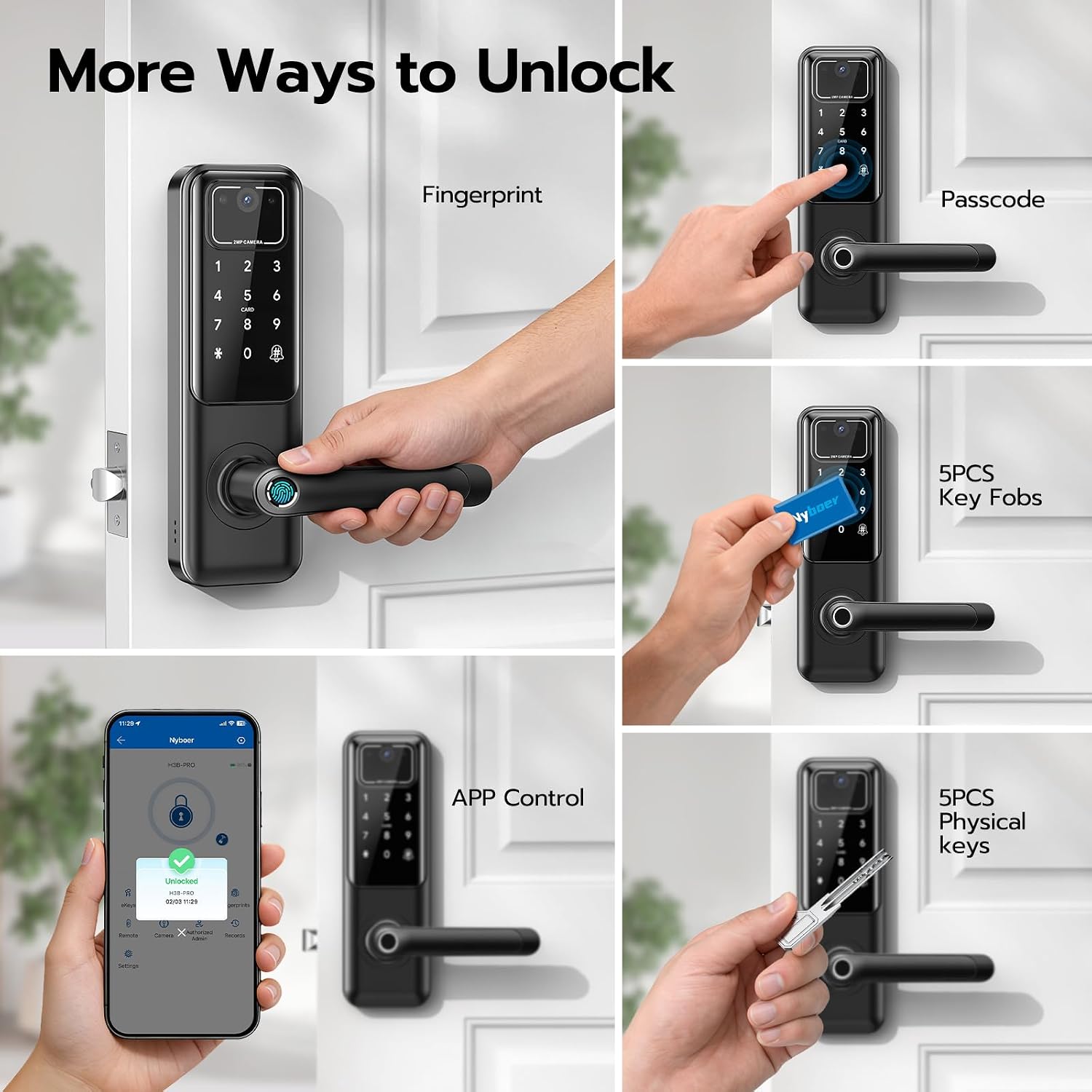 WiFi Video Smart Door Lock with Camera & Doorbell, Keyless Entry Fingerprint Lock with Handle for Front Door, Nyboer Keypad Electronic Digital with Rechargeable Lithium Battery, Easy Installation