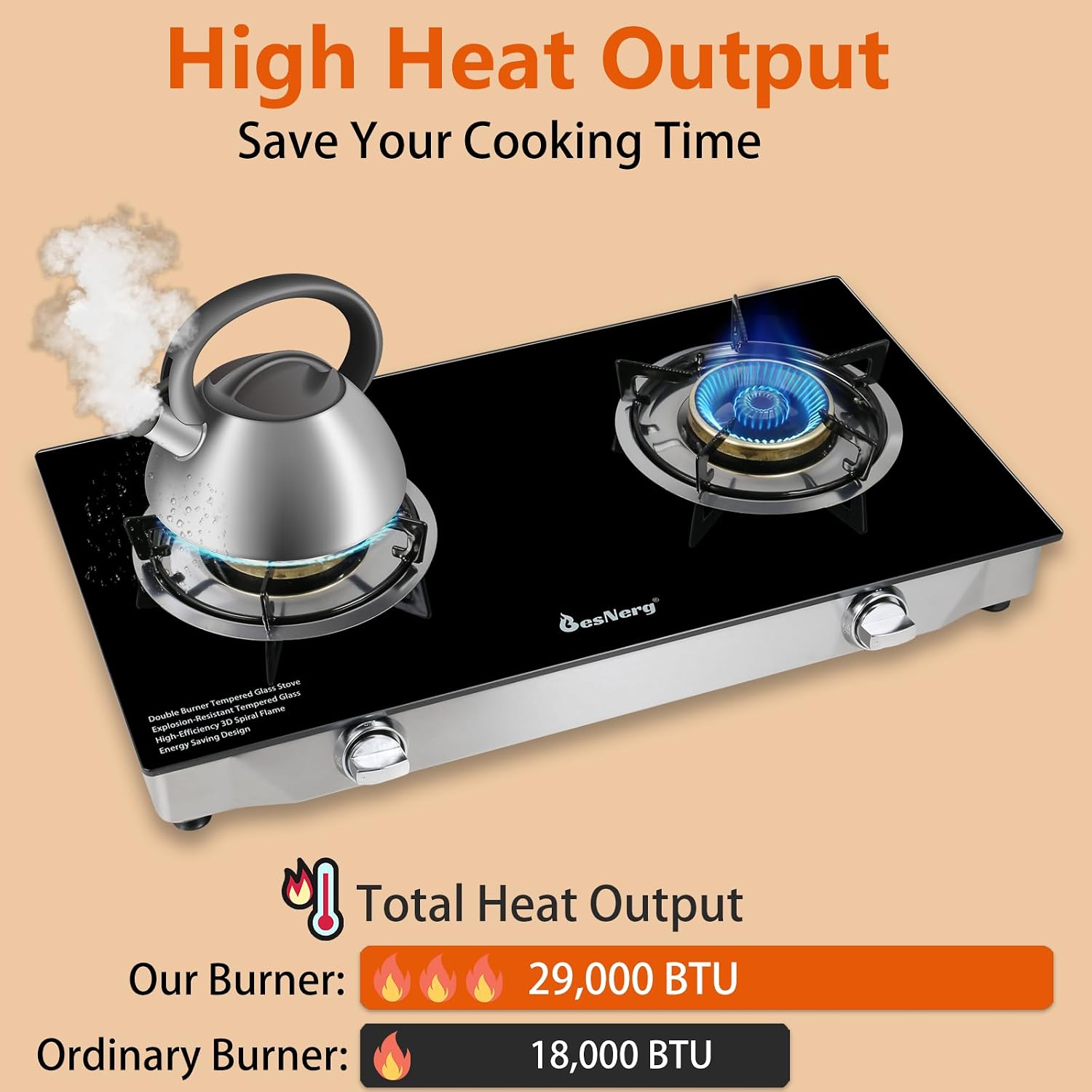 2 Burner Propane Gas Stove with Auto Ignition, 29000 BTU High-Efficiency Heavy-Duty Tempered Glass Cooktop, CSA Regulator & Hose Included, for Outdoor Camping Emergency