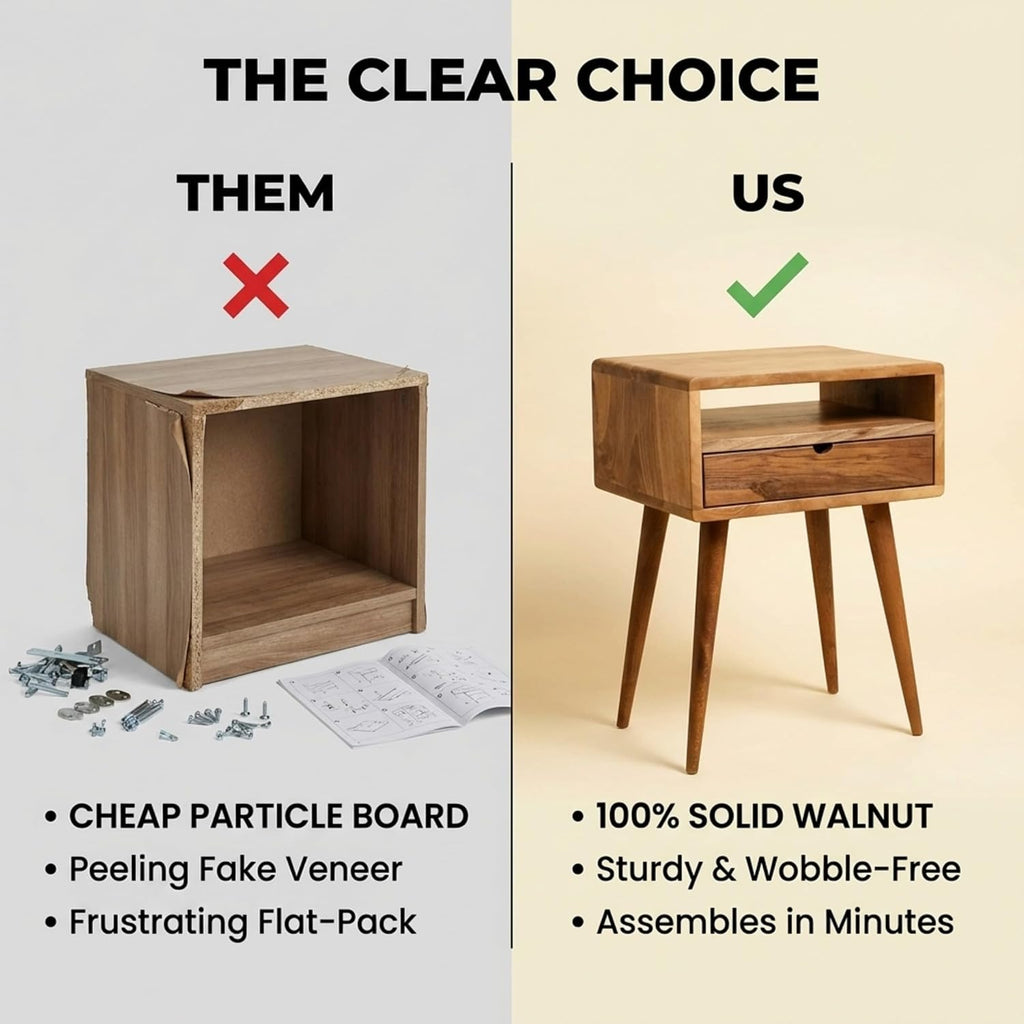 Ultimate Premium Products Mid Century Nightstand with Drawer Solid Walnut Bedside Table with Shelf Nightstand Organizer Unique Style Handmade Bedroom Furniture