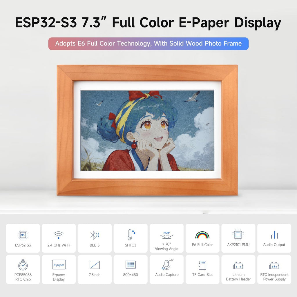Waveshare ESP32-S3-PhotoPainter 7.3inch E6 Full Color E-Paper Display with Solid Wood Photo Frame, Ultra-Long Standby, 800 × 480 Resolution, No BAT