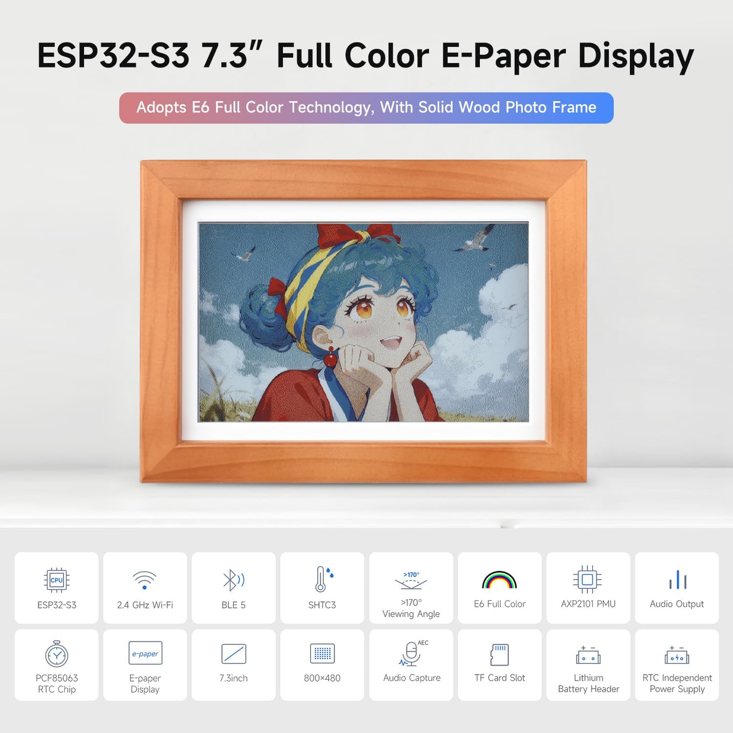 Waveshare ESP32-S3-PhotoPainter 7.3inch E6 Full Color E-Paper Display with Solid Wood Photo Frame, Ultra-Long Standby, 800 × 480 Resolution, No BAT