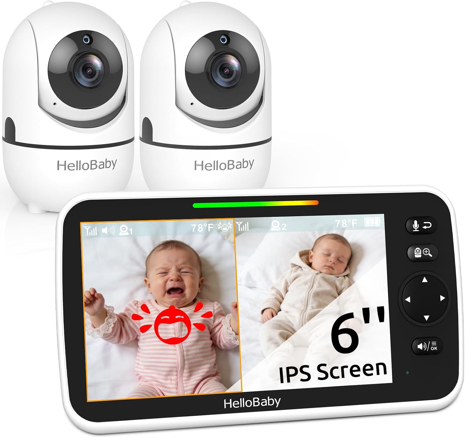 HelloBaby Baby Monitor with 2 Cameras, 6' World First Split Screen, No WiFi, 30H Battery, 355° Pan-Tilt-Zoom, Night Vision, VOX, 8 Lullabies, Temperature Alert, 1000ft Range, Portable for Travel