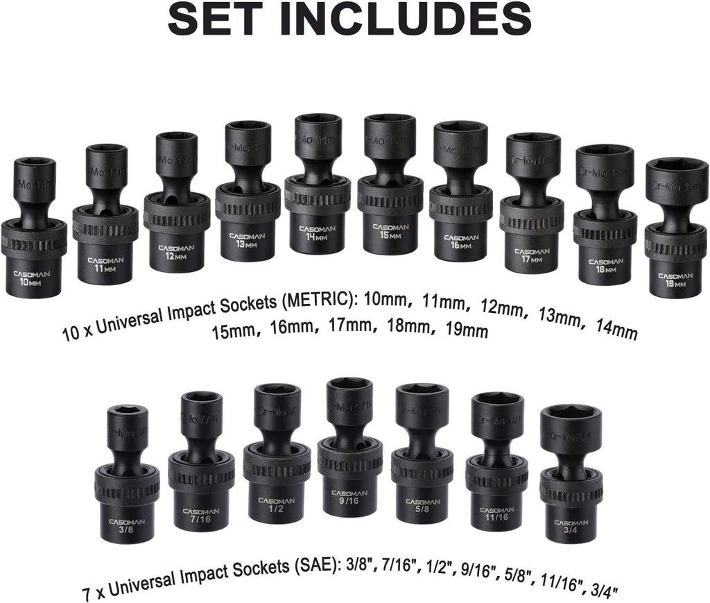 CASOMAN 87PCS 3/8' Drive Master Impact Socket Set, SAE & Metric Standard, Deep, Swivel Sockets,Cr-MO Steel, Includes Star and Inverted Star Socket, Impact Universal Joint, Extension Bars