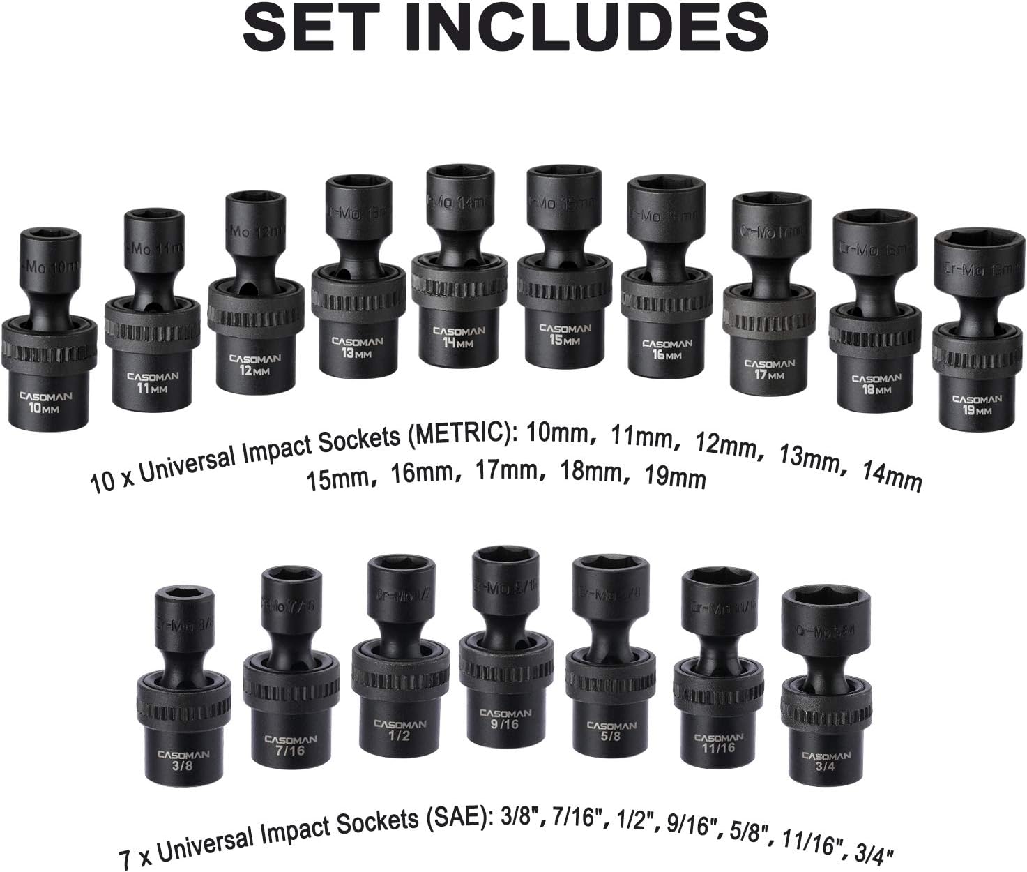 CASOMAN 87PCS 3/8' Drive Master Impact Socket Set, SAE & Metric Standard, Deep, Swivel Sockets,Cr-MO Steel, Includes Star and Inverted Star Socket, Impact Universal Joint, Extension Bars