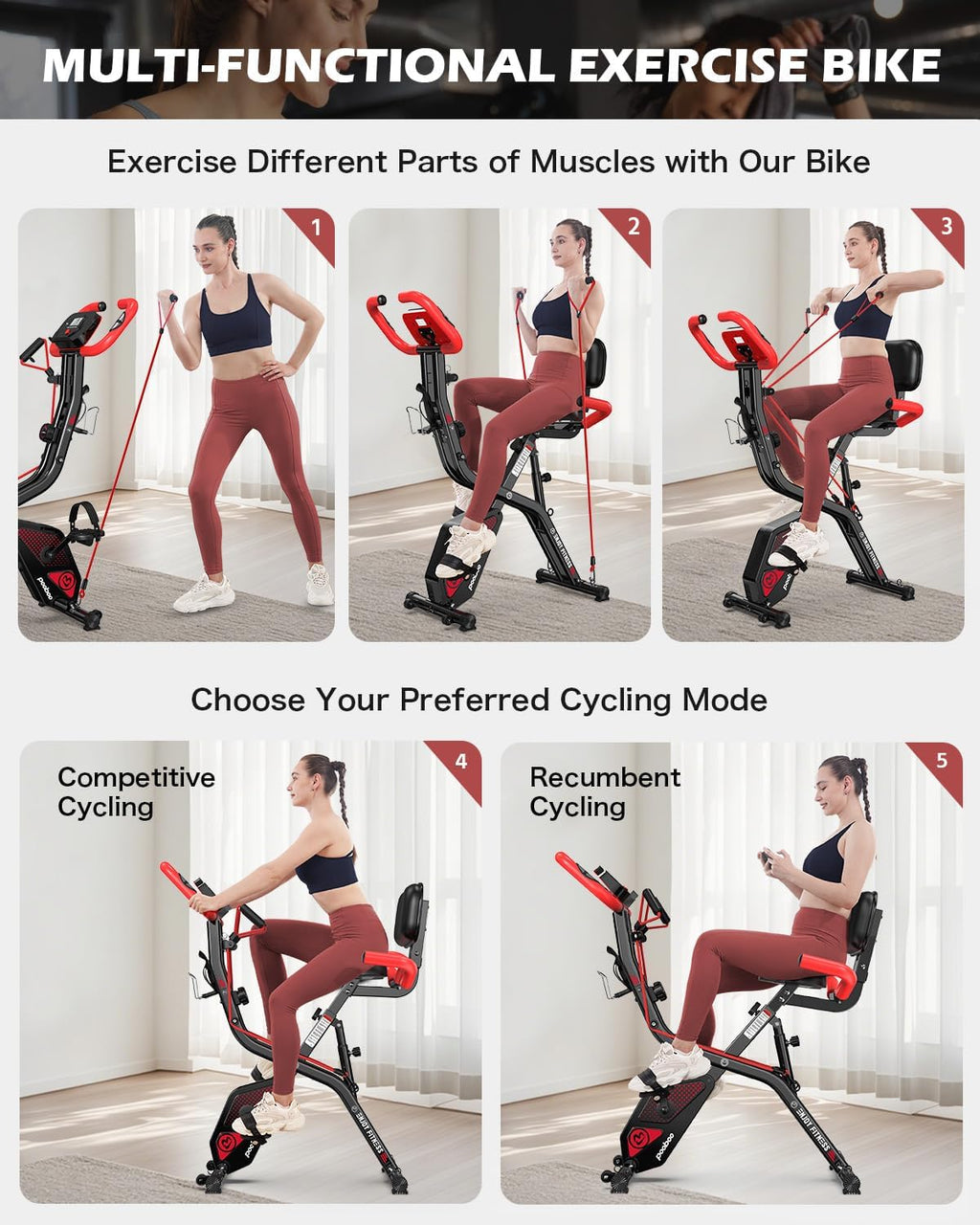pooboo Folding Exercise Bike, Foldable Upright Stationary Bike, Indoor Cycling Magnetic X-Bike with 8-Level Adjustable Resistance, 6.6 LBS Flywheel, 300LB Capacity, Back Support Cushion for Home Gym