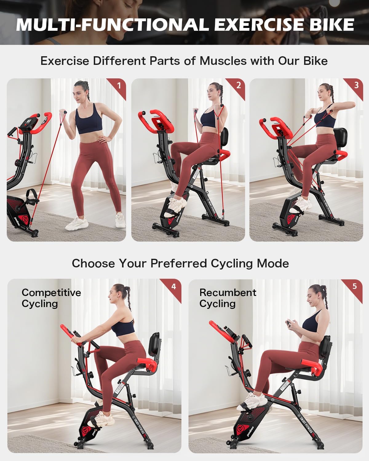 pooboo Folding Exercise Bike, Foldable Upright Stationary Bike, Indoor Cycling Magnetic X-Bike with 8-Level Adjustable Resistance, 6.6 LBS Flywheel, 300LB Capacity, Back Support Cushion for Home Gym