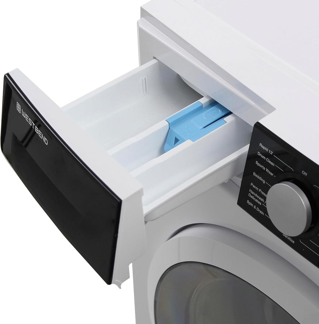 West Bend Washer Compact Front Load Washing Machine with 15 Wash Cycles, LED Display, See-Through Door, Stackable and Space-Saving Design, for Apartments, RVs, and Small Spaces, 2.2 Cu.Ft., White