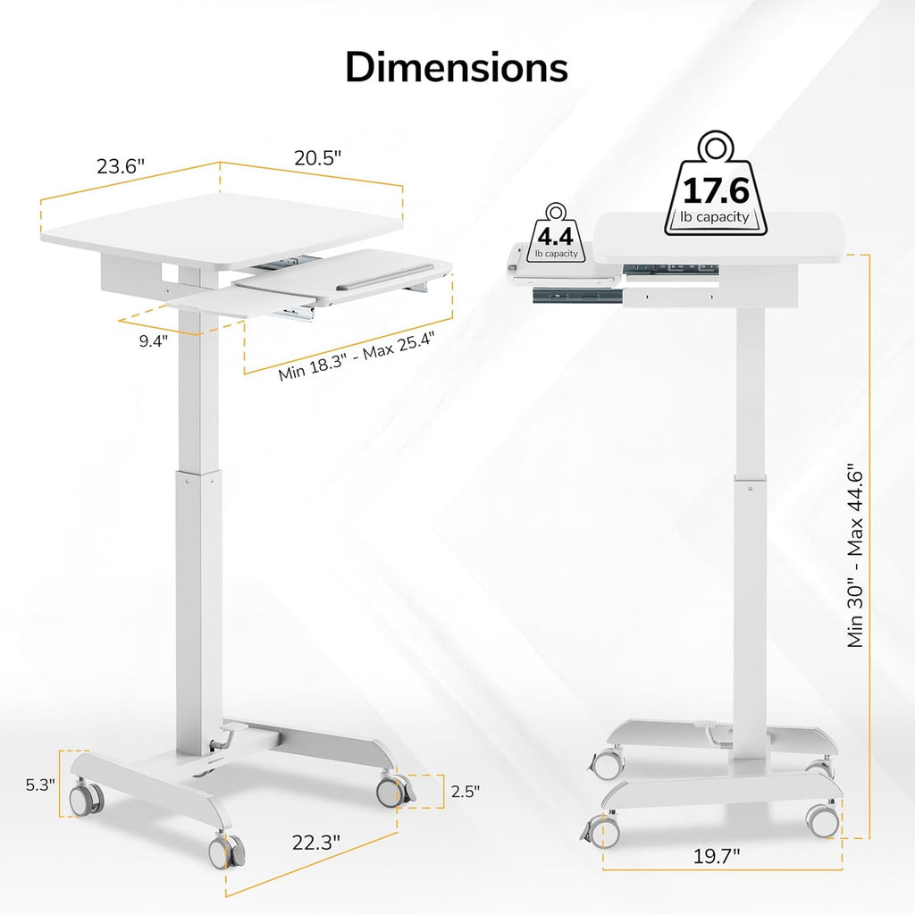 Mount-It! Height Adjustable Rolling Laptop Desk with Keyboard Tray, Mobile Sit-Stand Computer Cart with Wheels, Small Standing Desk for Home, Office, or Classroom, 23.6' x 20.5', White