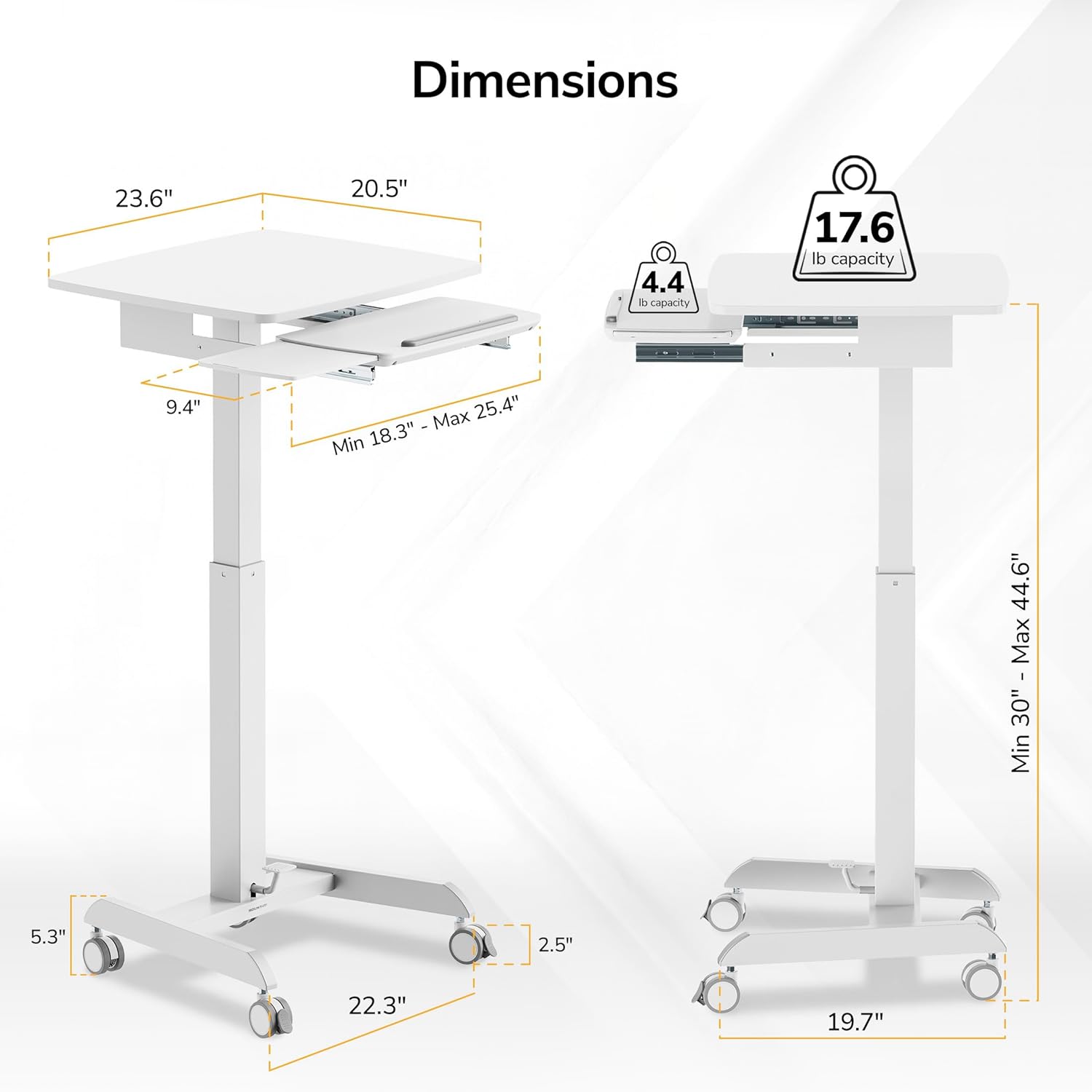 Mount-It! Height Adjustable Rolling Laptop Desk with Keyboard Tray, Mobile Sit-Stand Computer Cart with Wheels, Small Standing Desk for Home, Office, or Classroom, 23.6' x 20.5', White