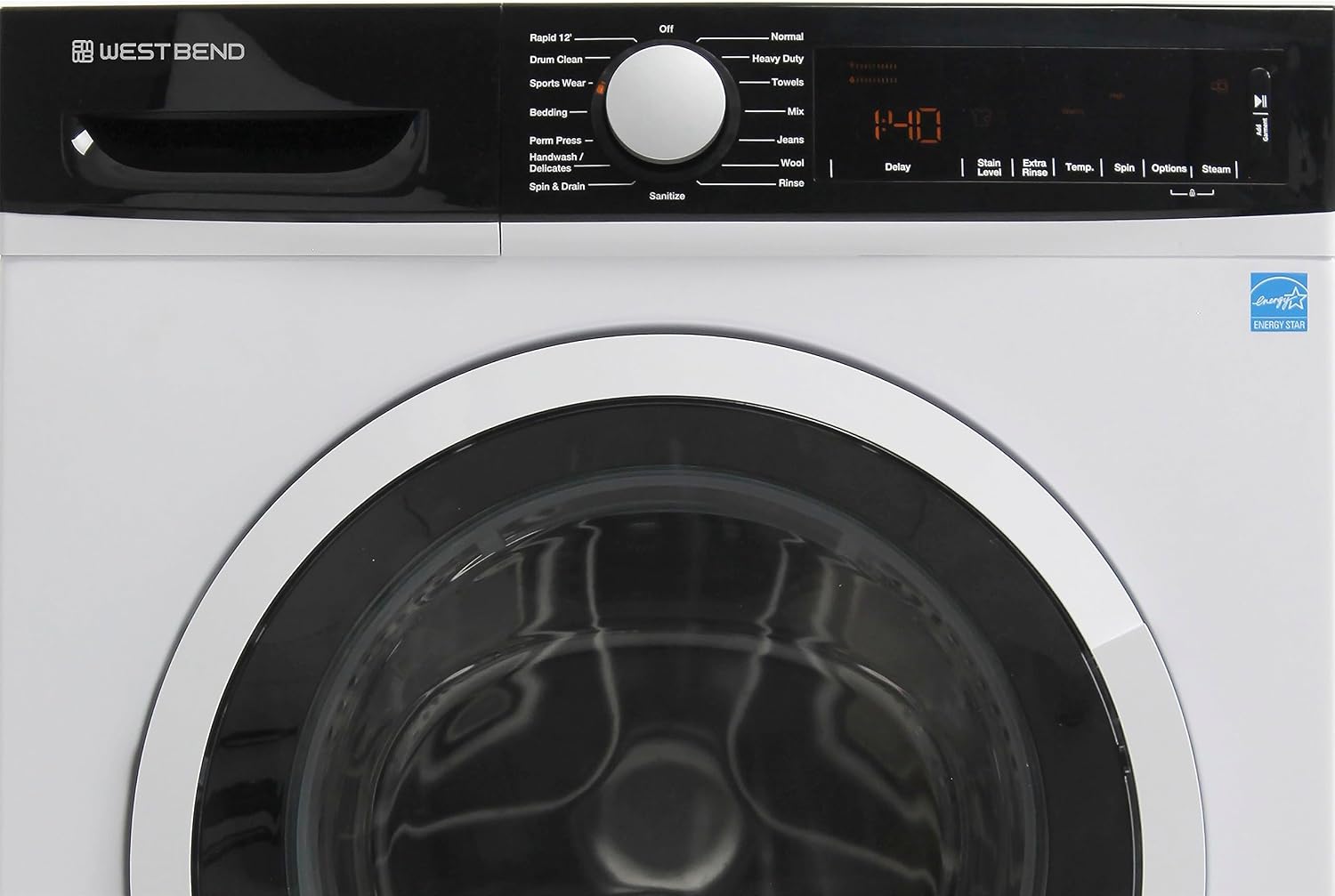 West Bend Washer Compact Front Load Washing Machine with 15 Wash Cycles, LED Display, See-Through Door, Stackable and Space-Saving Design, for Apartments, RVs, and Small Spaces, 2.2 Cu.Ft., White