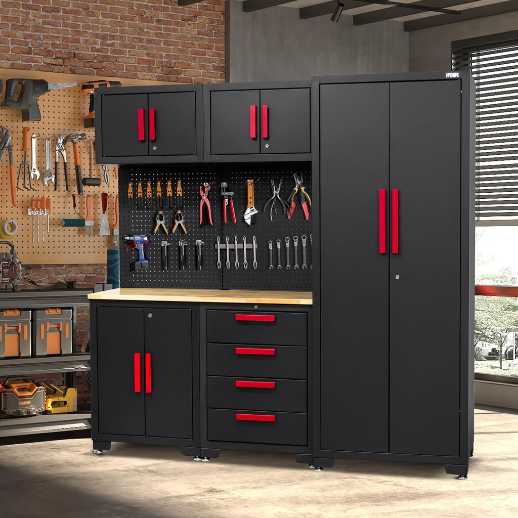 Garage Storage Cabinet System - 2 * 6-Pcs Workshop Set with Steel Cabinet Drawers, Tool Chest, Workbench, Pegboard for Tool Organization