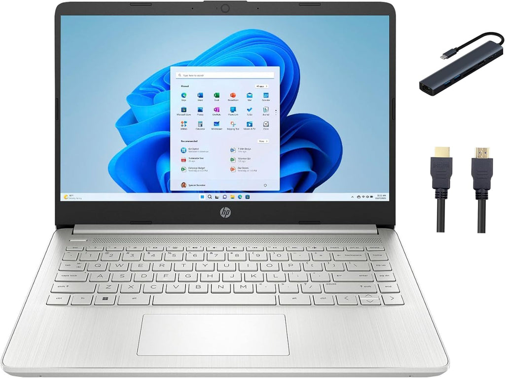 HP 14'' HD Display Laptop, Intel Celeron N4120, 1.1GHz, 4GB Memory, 128GB eMMC, Windows 11 Home in S Mode, One Year Office 365 Included, Natural Silver with TGY Accessories