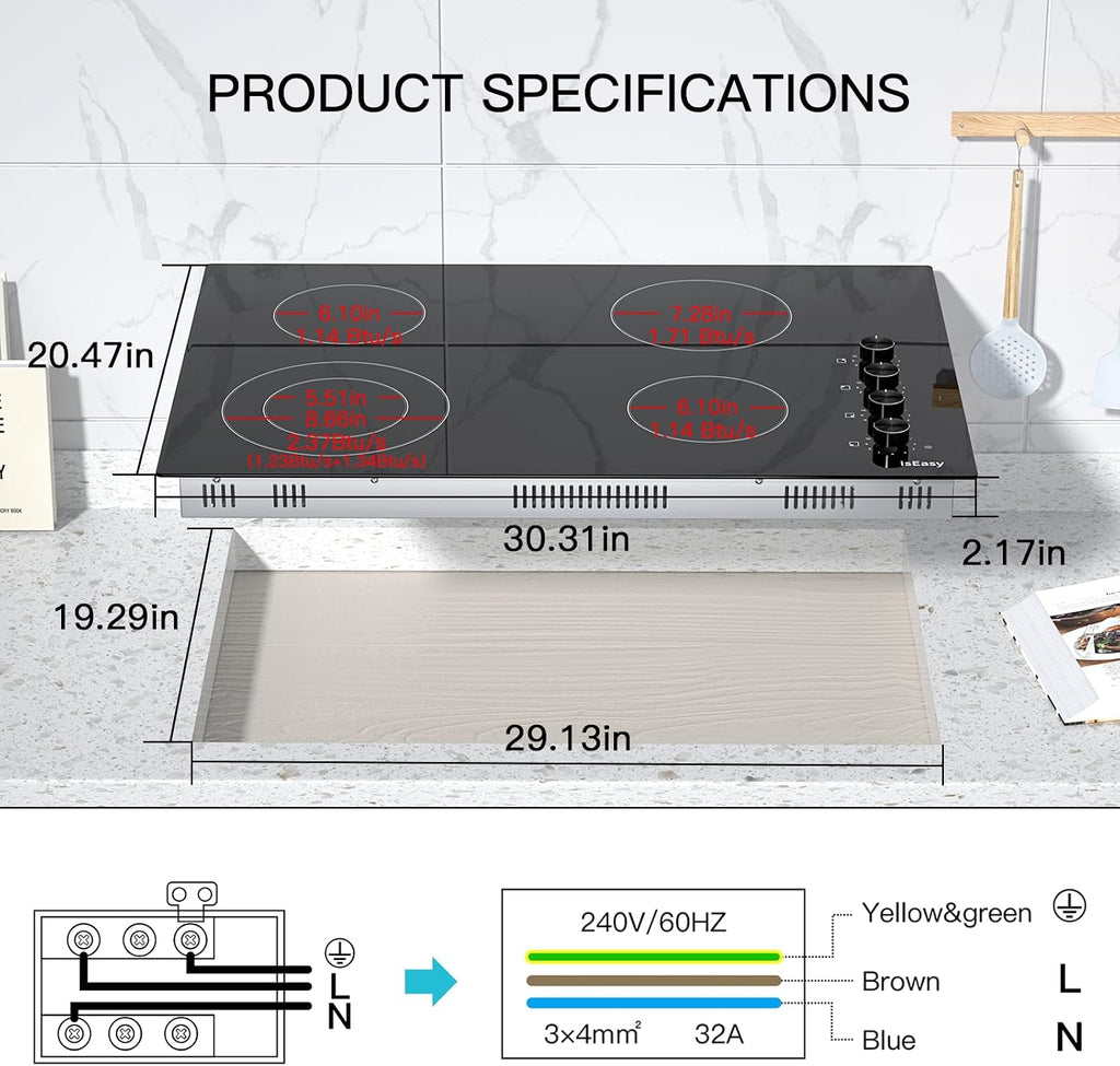 IsEasy 30-Inch Electric Cooktop, 4 Burners Built-In Ceramic Stove, Black Satin Glass with Knob Controls, 11 Power Levels/Timer/Child Safety Lock, 220-240V, 6700W