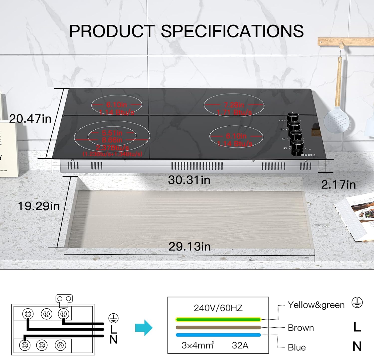IsEasy 30-Inch Electric Cooktop, 4 Burners Built-In Ceramic Stove, Black Satin Glass with Knob Controls, 11 Power Levels/Timer/Child Safety Lock, 220-240V, 6700W