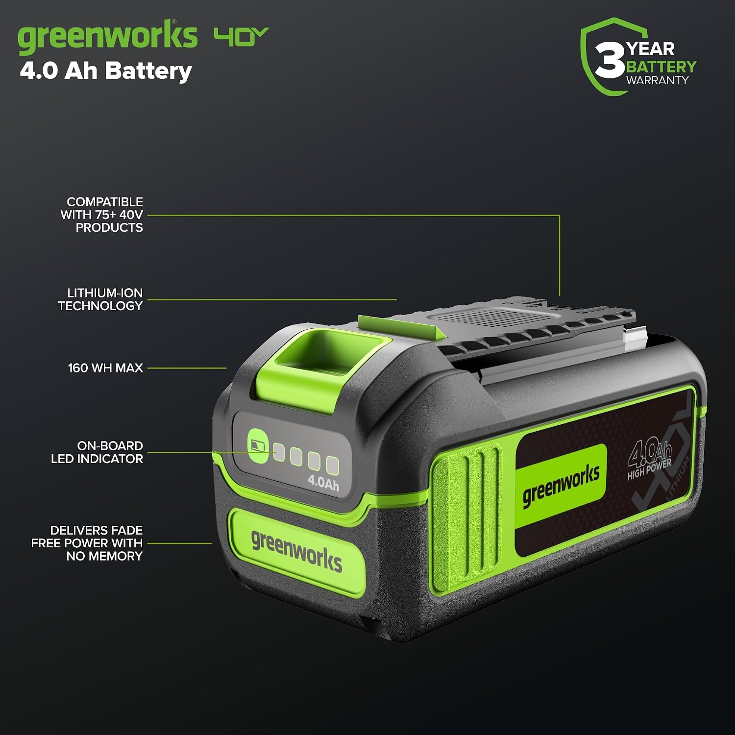 Greenworks 40V 4.0Ah Lithium-Ion High-Power Battery, Upgraded with 22% Power Boost (Genuine Battery / 75+ Compatible Tools)