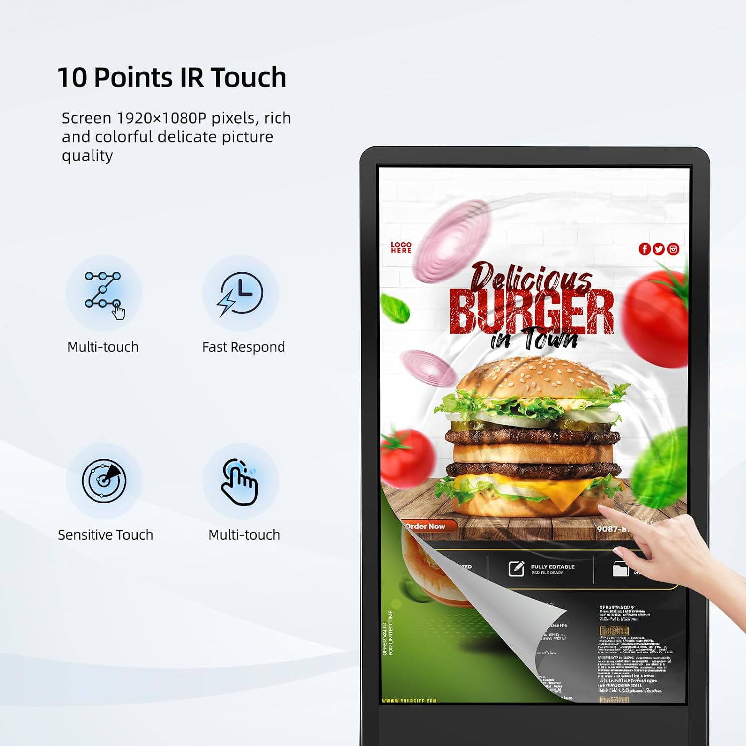 32/43/55/65 Inch Digital Signage Display, LCD Screen Advertising Display Kiosk Interactive Totem Floor Standing Auto AD Player with USB/HDMI/WiFi Android OS (65'' Touch Screen)