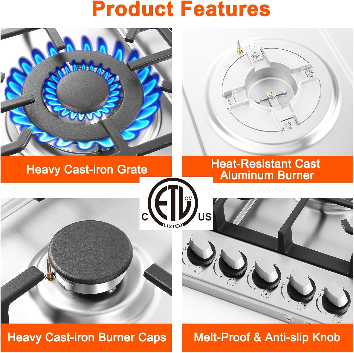 30 Inch Gas Cooktop, 5 Burners Built in Gas Stove Top, NG/LPG Convertible Propane Cooktop, Auto Ignition, Stainless Steel Surface, Cast Iron Grates, Thermocouple Protection, ETL